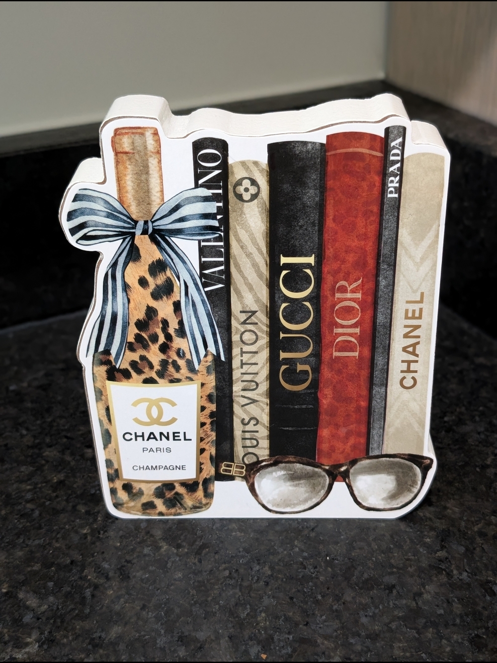 Chanel Leopard Champagne Bottle & Designer Books Decorative Accent